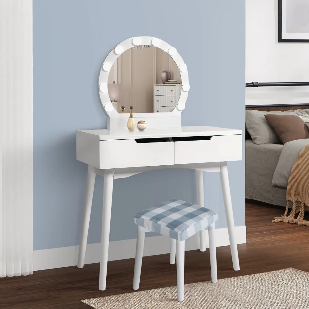32 Inch 3 Piece Vanity Dressing Table Set with LED Mirror, 2 Drawers, Cushioned Stool, White Solid Wood By The Urban Port