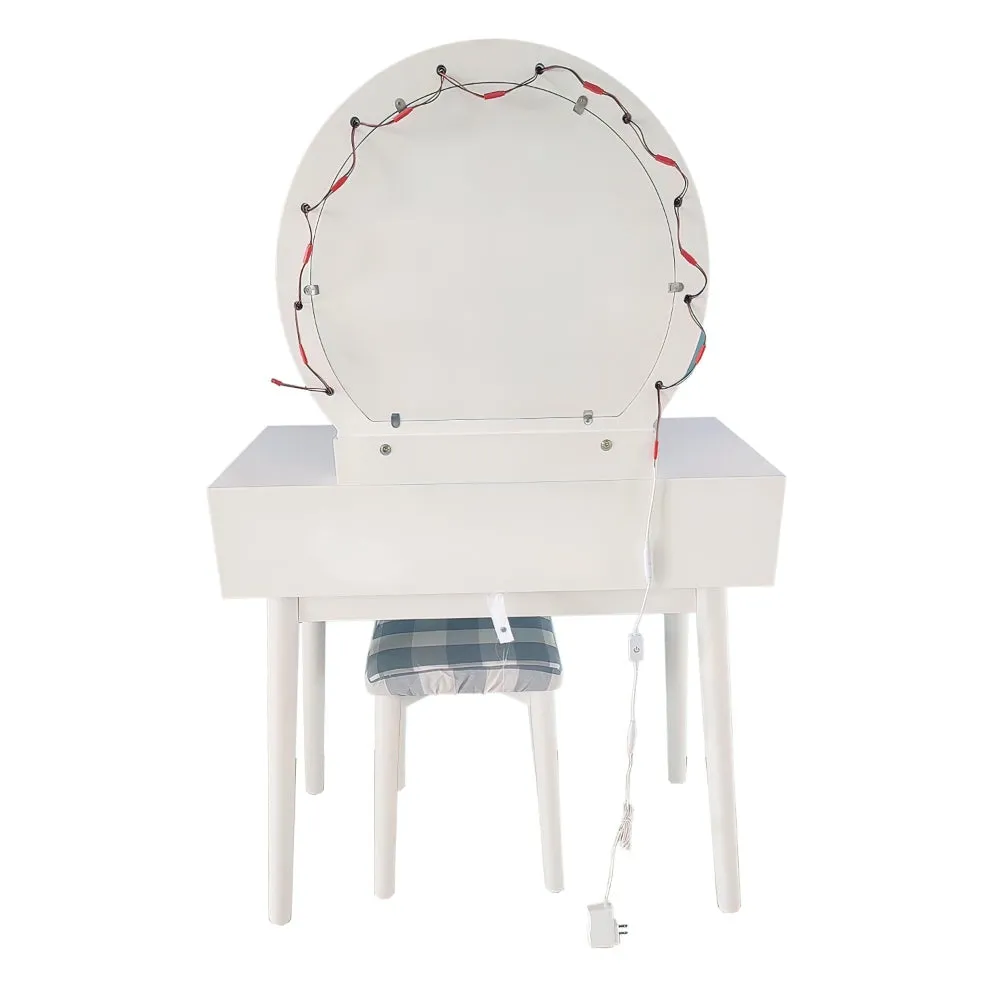 32 Inch 3 Piece Vanity Dressing Table Set with LED Mirror, 2 Drawers, Cushioned Stool, White Solid Wood By The Urban Port