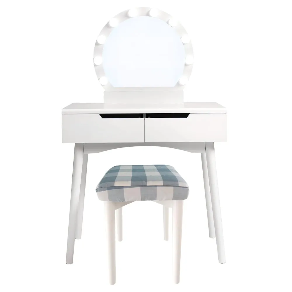 32 Inch 3 Piece Vanity Dressing Table Set with LED Mirror, 2 Drawers, Cushioned Stool, White Solid Wood By The Urban Port