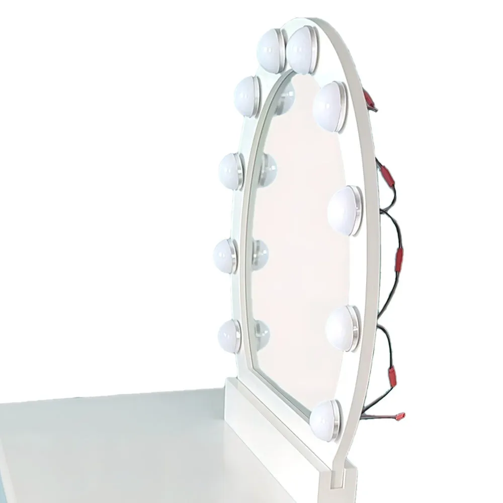 32 Inch 3 Piece Vanity Dressing Table Set with LED Mirror, 2 Drawers, Cushioned Stool, White Solid Wood By The Urban Port