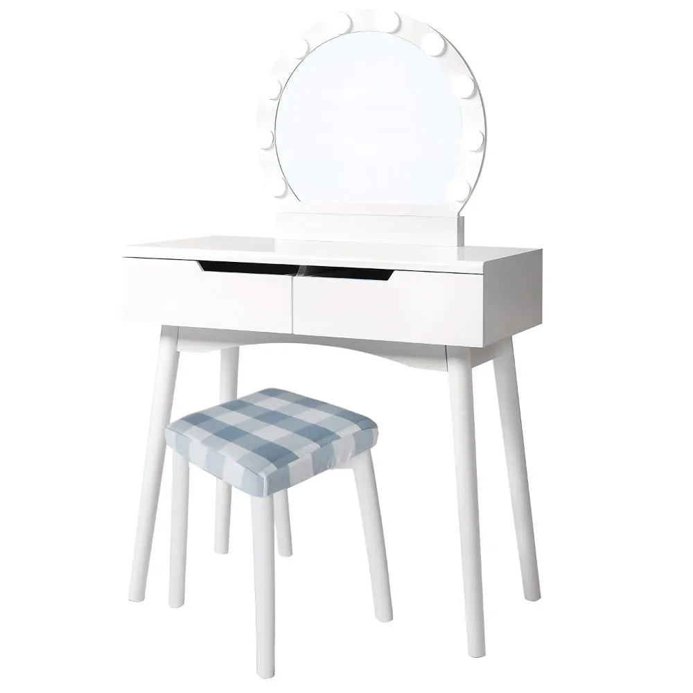 32 Inch 3 Piece Vanity Dressing Table Set with LED Mirror, 2 Drawers, Cushioned Stool, White Solid Wood By The Urban Port