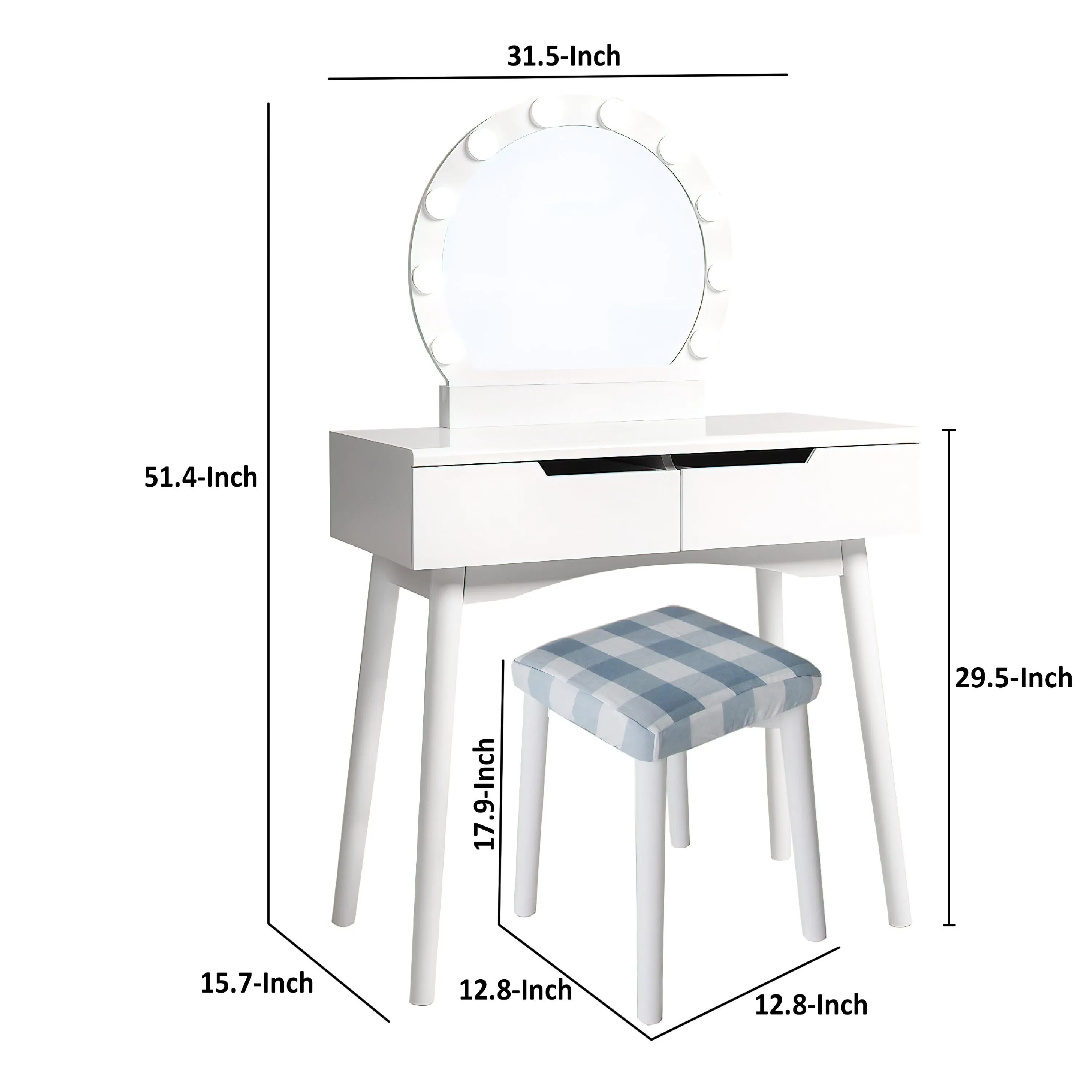 32 Inch 3 Piece Vanity Dressing Table Set with LED Mirror, 2 Drawers, Cushioned Stool, White Solid Wood By The Urban Port