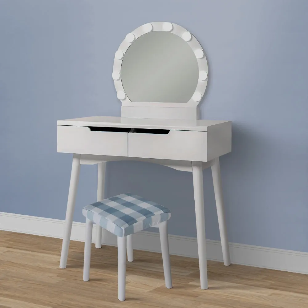 32 Inch 3 Piece Vanity Dressing Table Set with LED Mirror, 2 Drawers, Cushioned Stool, White Solid Wood By The Urban Port