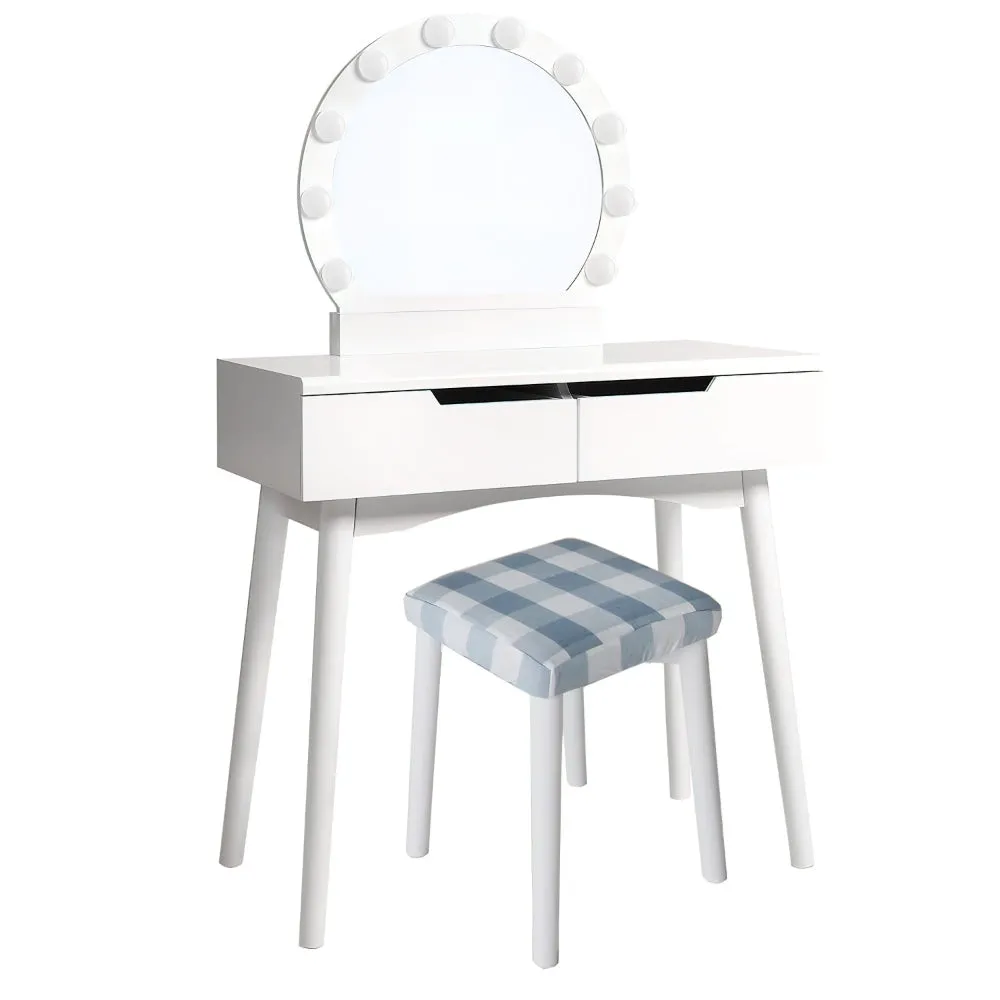 32 Inch 3 Piece Vanity Dressing Table Set with LED Mirror, 2 Drawers, Cushioned Stool, White Solid Wood By The Urban Port