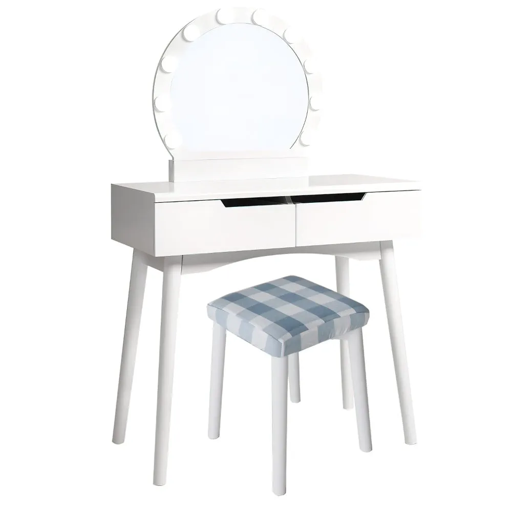 32 Inch 3 Piece Vanity Dressing Table Set with LED Mirror, 2 Drawers, Cushioned Stool, White Solid Wood By The Urban Port