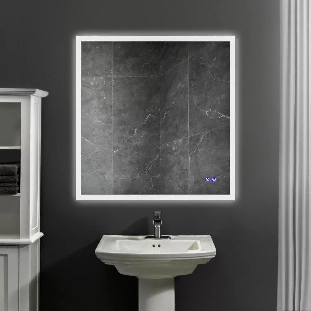 36 x 36 Inch Frameless LED Illuminated Bathroom Wall Mirror, Touch Button Defogger, Square, Silver By The Urban Port