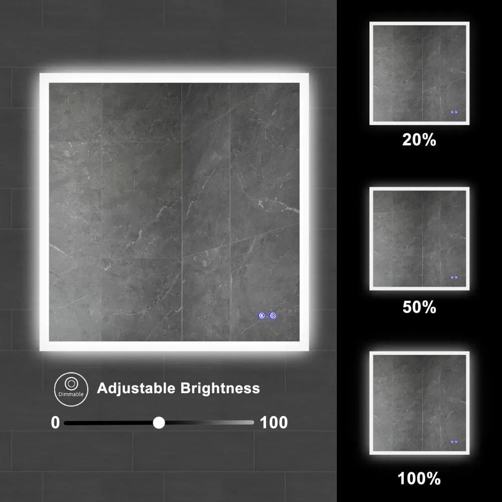 36 x 36 Inch Frameless LED Illuminated Bathroom Wall Mirror, Touch Button Defogger, Square, Silver By The Urban Port