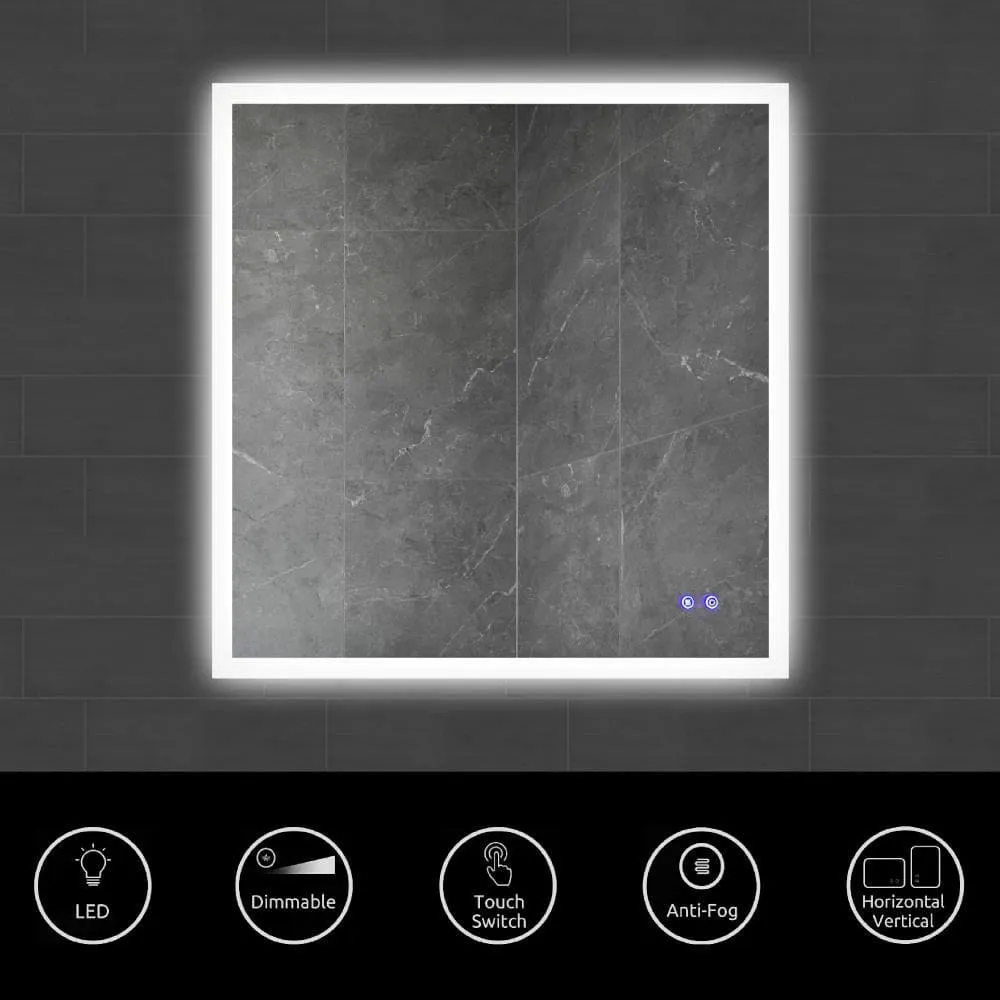 36 x 36 Inch Frameless LED Illuminated Bathroom Wall Mirror, Touch Button Defogger, Square, Silver By The Urban Port