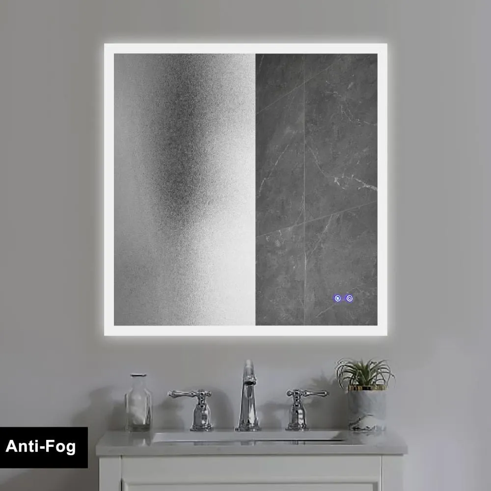 36 x 36 Inch Frameless LED Illuminated Bathroom Wall Mirror, Touch Button Defogger, Square, Silver By The Urban Port