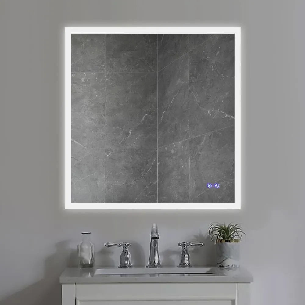36 x 36 Inch Frameless LED Illuminated Bathroom Wall Mirror, Touch Button Defogger, Square, Silver By The Urban Port