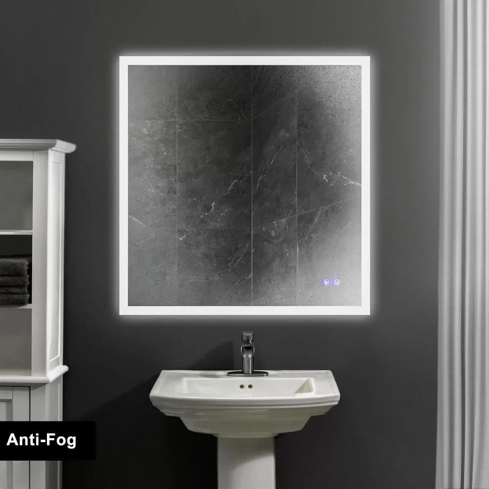 36 x 36 Inch Frameless LED Illuminated Bathroom Wall Mirror, Touch Button Defogger, Square, Silver By The Urban Port