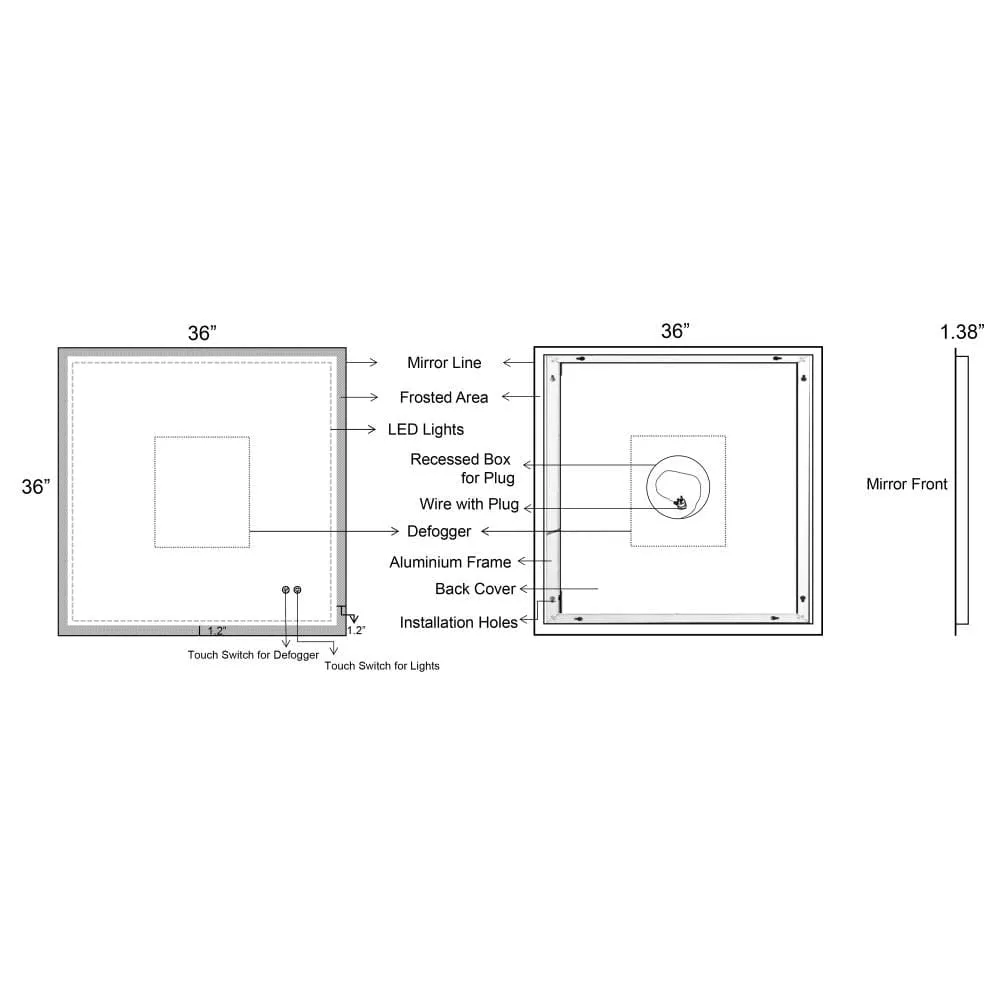 36 x 36 Inch Frameless LED Illuminated Bathroom Wall Mirror, Touch Button Defogger, Square, Silver By The Urban Port