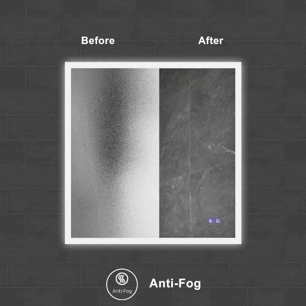 36 x 36 Inch Frameless LED Illuminated Bathroom Wall Mirror, Touch Button Defogger, Square, Silver By The Urban Port