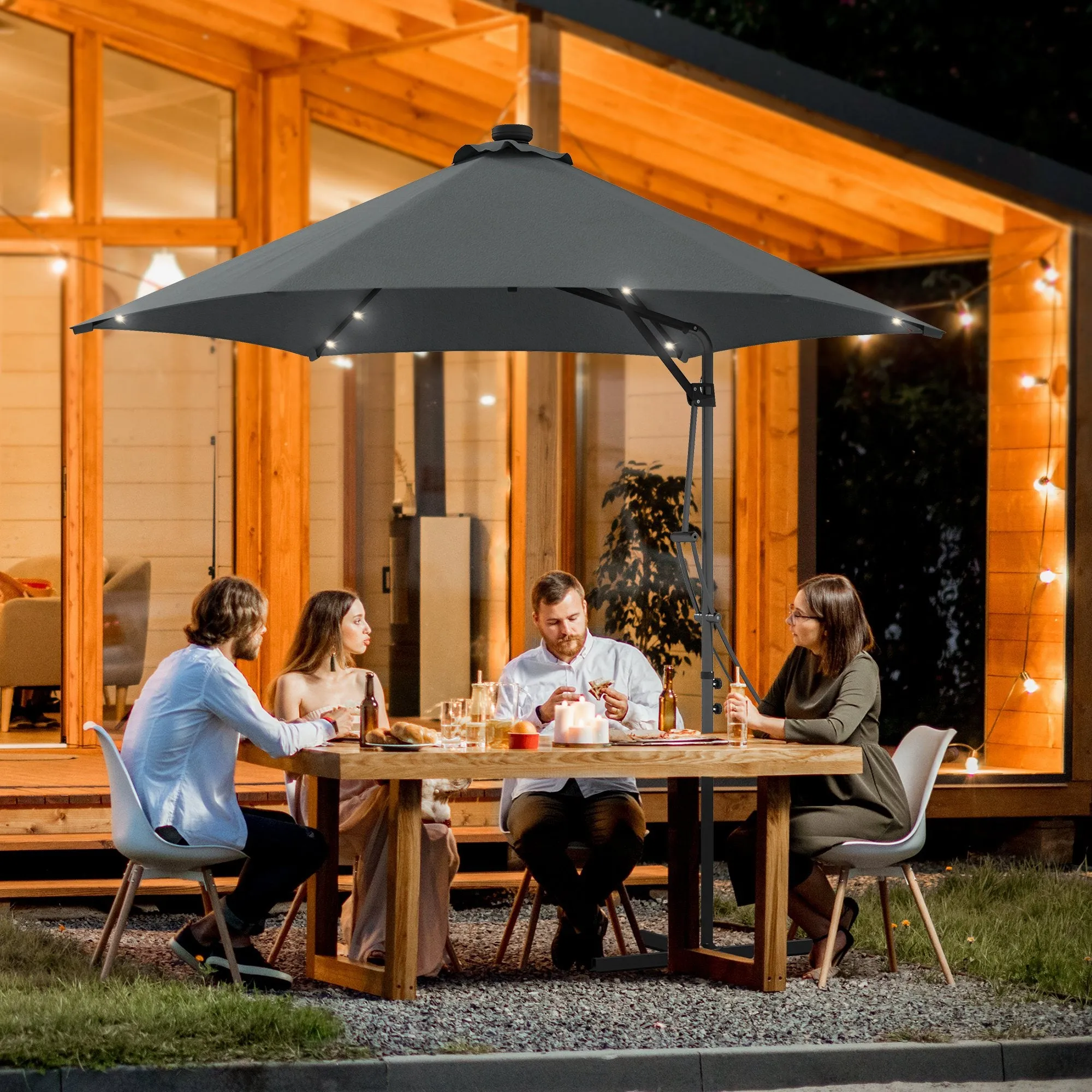 3(m) Garden Parasol Cantilever Umbrella with Solar LED, Cross Base and Waterproof Cover, Grey