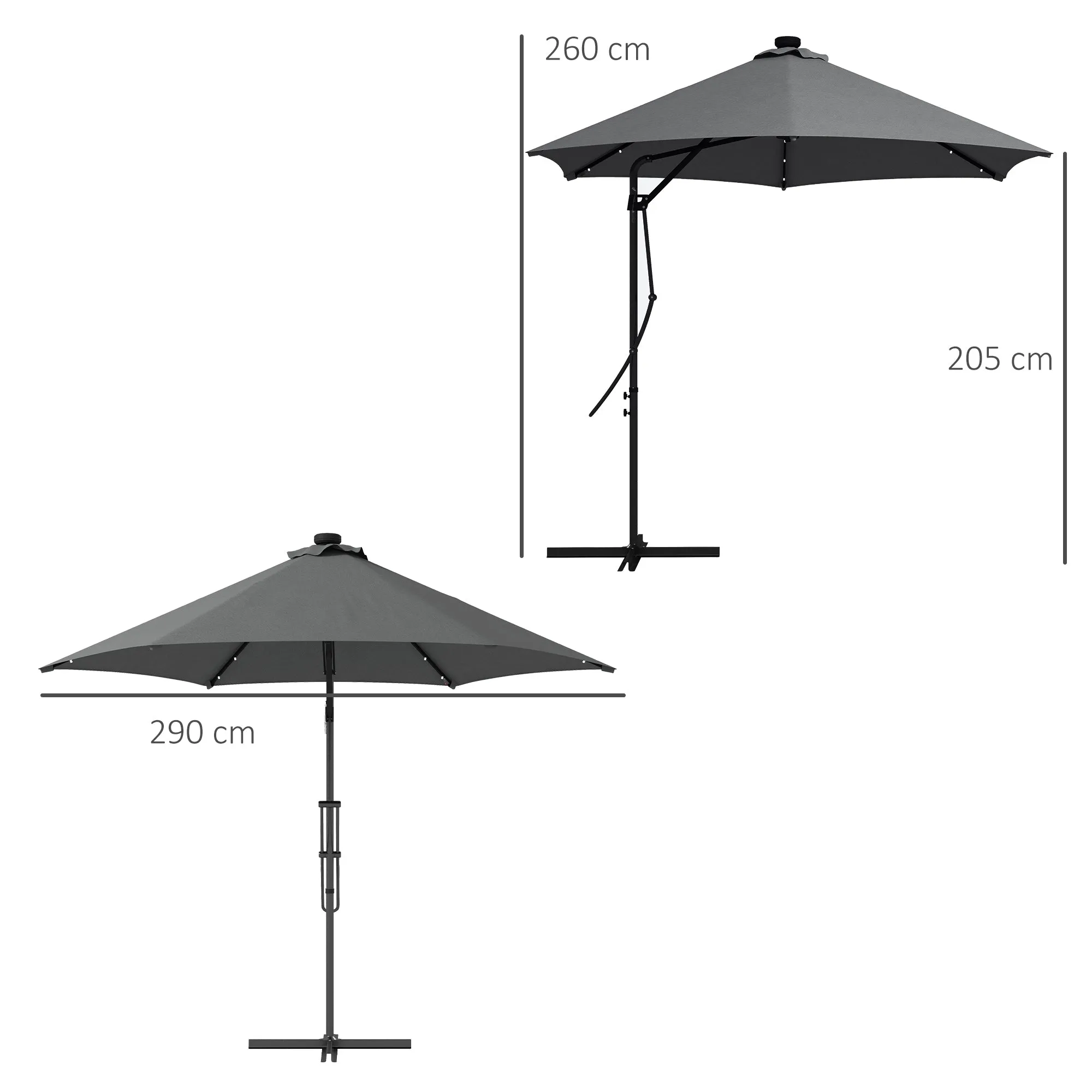 3(m) Garden Parasol Cantilever Umbrella with Solar LED, Cross Base and Waterproof Cover, Grey