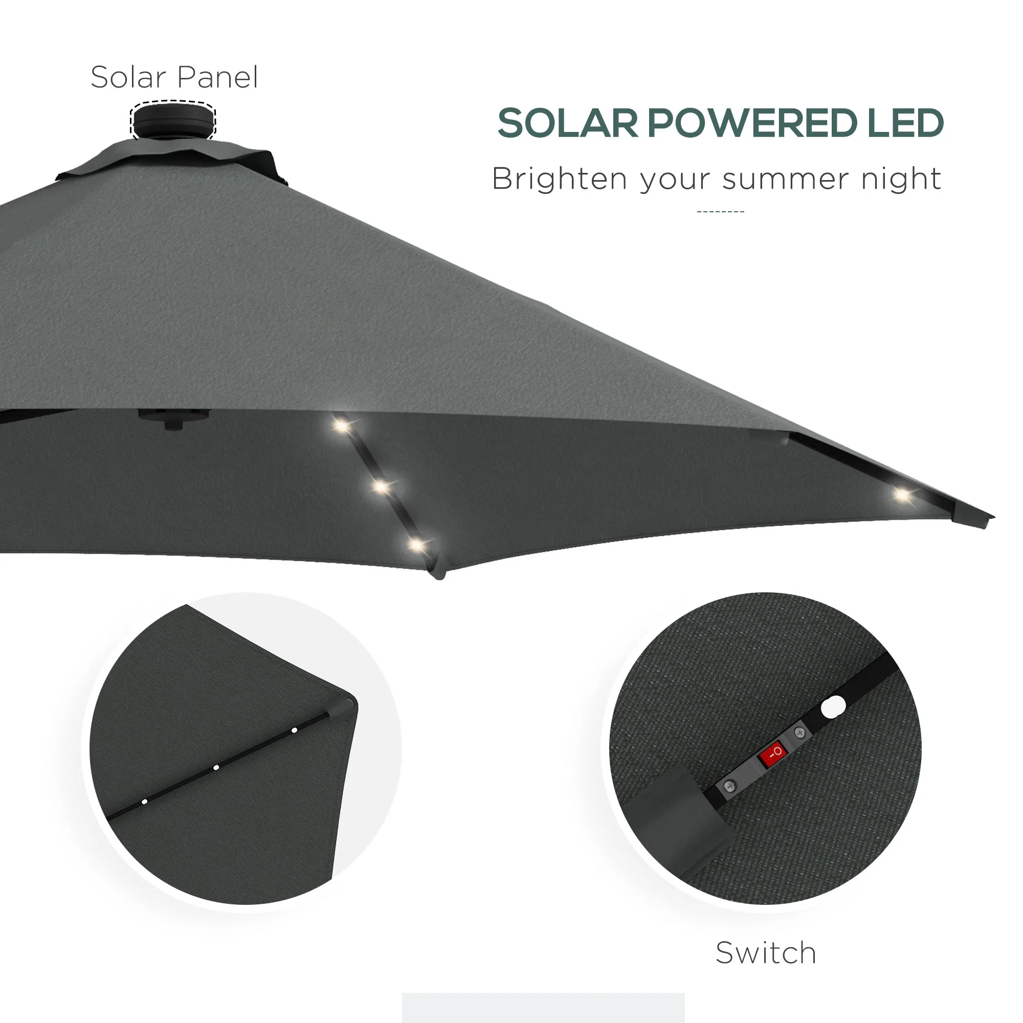 3(m) Garden Parasol Cantilever Umbrella with Solar LED, Cross Base and Waterproof Cover, Grey