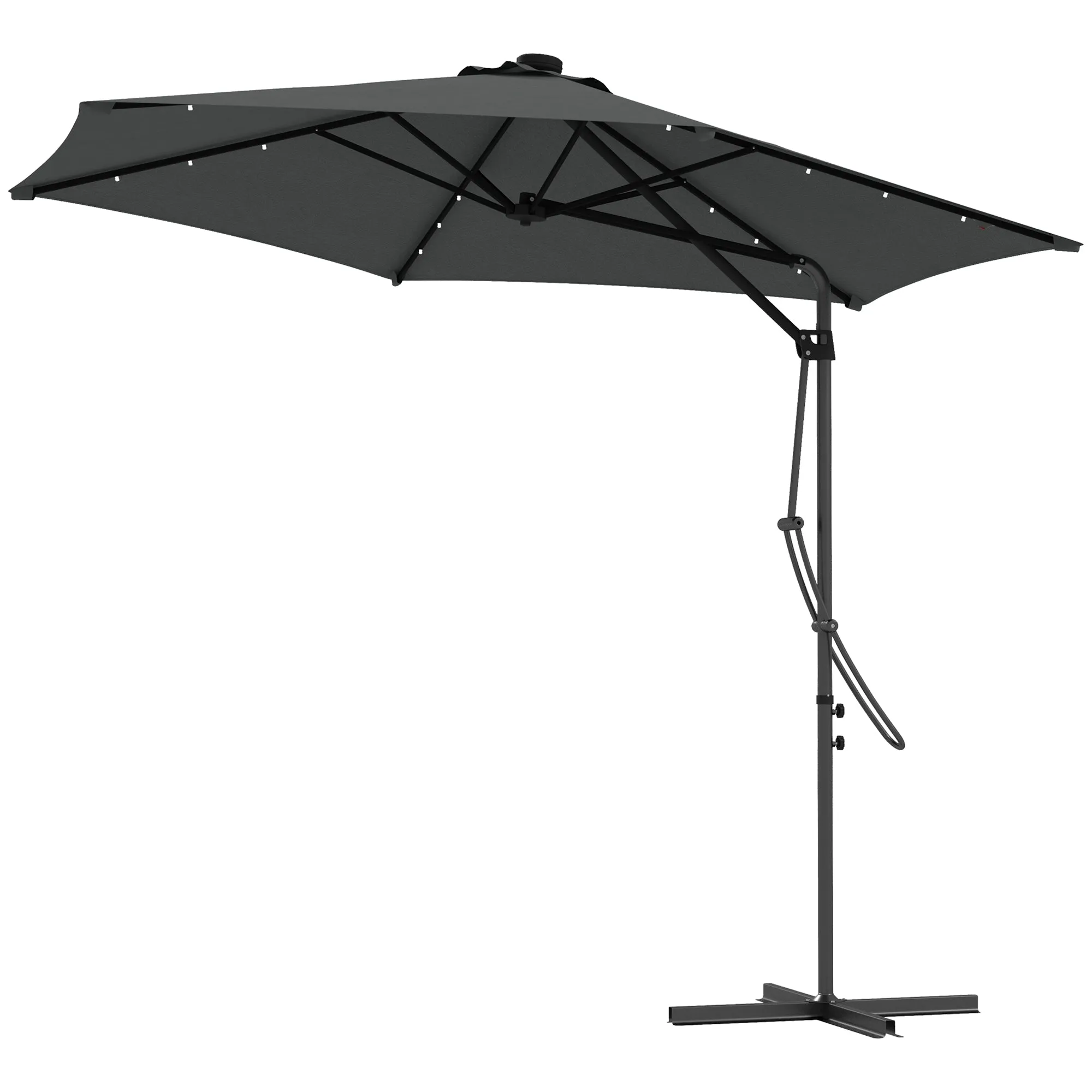 3(m) Garden Parasol Cantilever Umbrella with Solar LED, Cross Base and Waterproof Cover, Grey