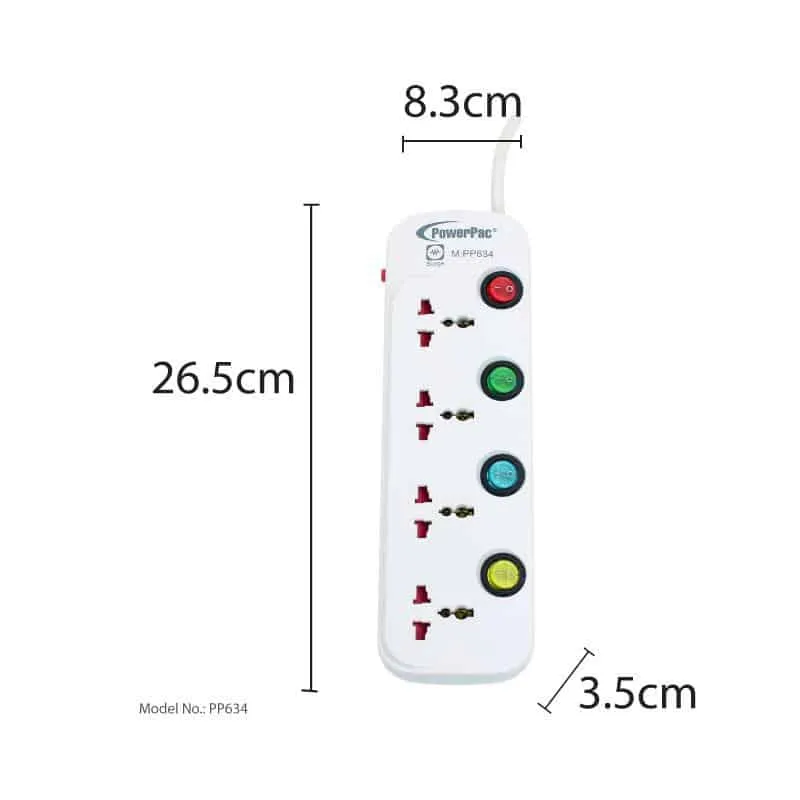 4 Way 3 Metre Multi extension socket with surge protector (PP634)