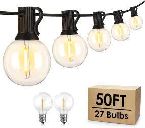 50Ft LED Outdoor String Lights G40 Globe Dimmable Patio Light, Waterproof Hanging String Light with 27 Warm White Shatterproof Bulbs(2 Spare)