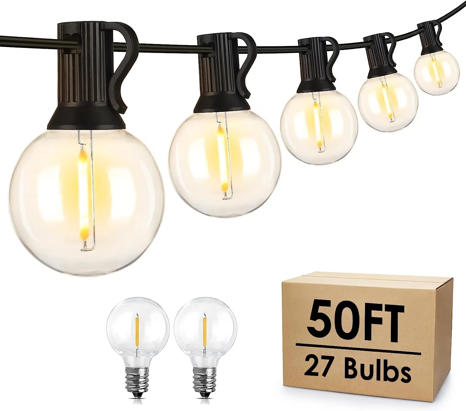 50Ft LED Outdoor String Lights G40 Globe Dimmable Patio Light, Waterproof Hanging String Light with 27 Warm White Shatterproof Bulbs(2 Spare)