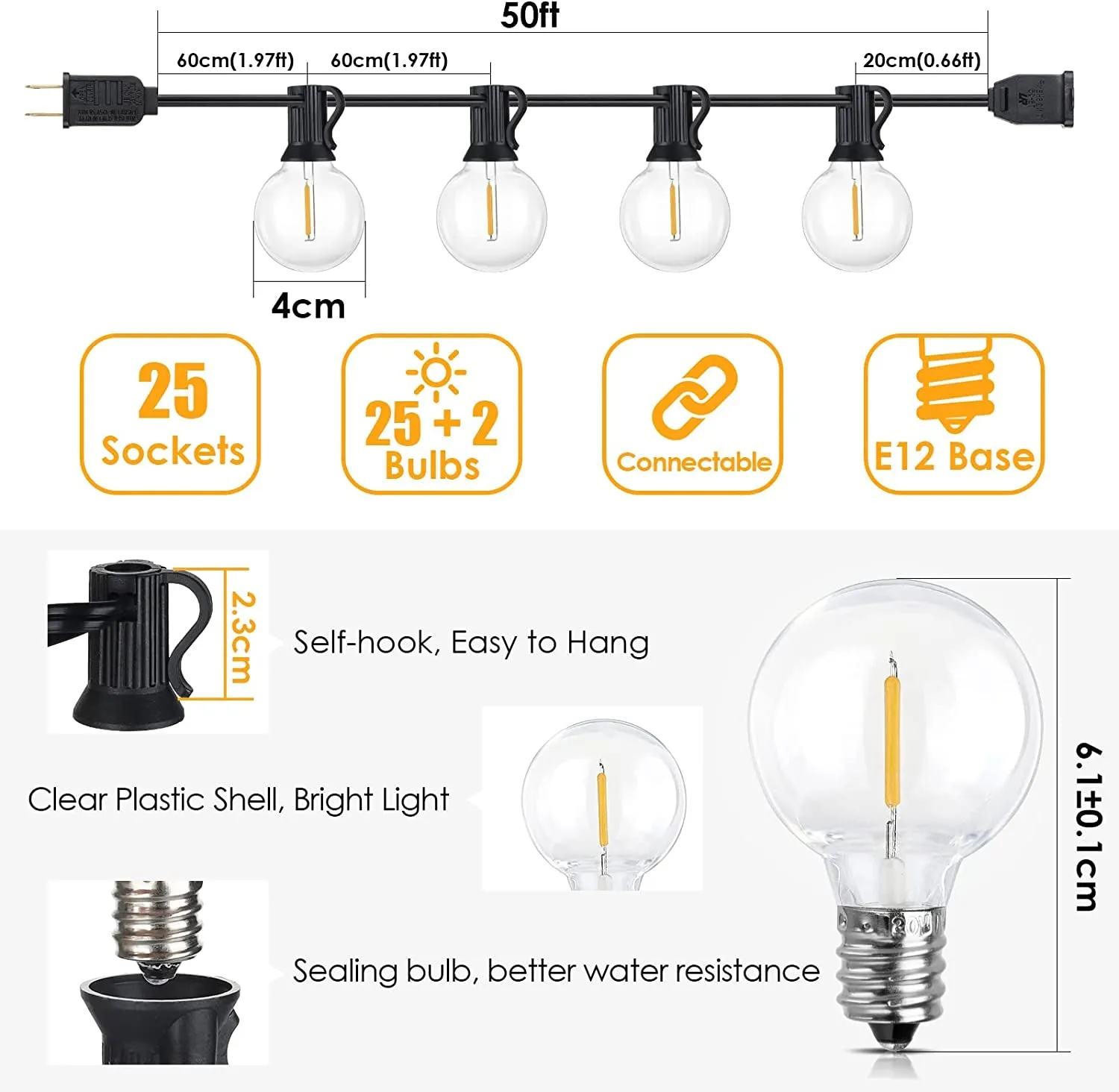 50Ft LED Outdoor String Lights G40 Globe Dimmable Patio Light, Waterproof Hanging String Light with 27 Warm White Shatterproof Bulbs(2 Spare)