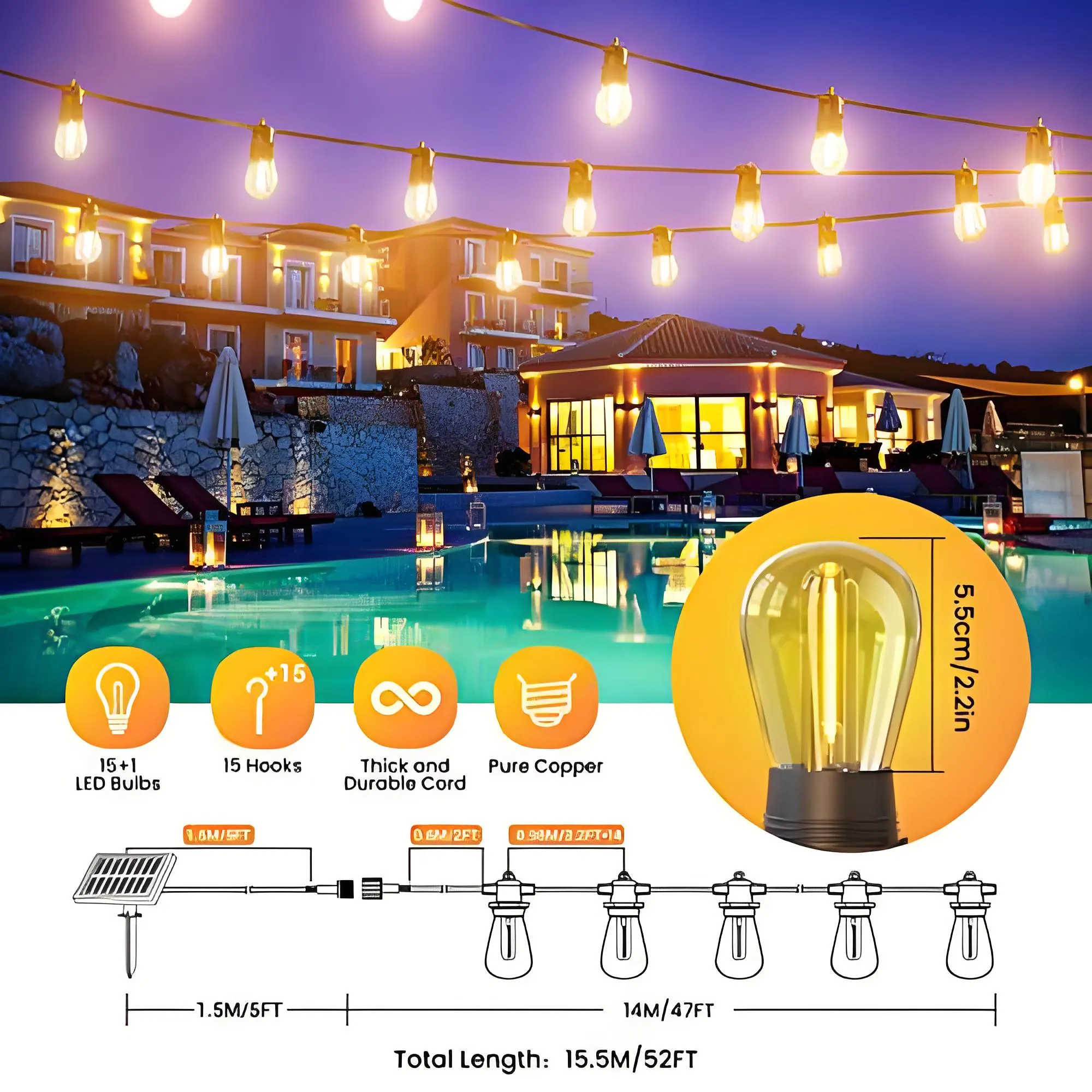 52ft USB-C & Outdoor String Patio Lights With 15 1 Bulbs Waterproof Shatterproof Waterproof String Lights Outdoor