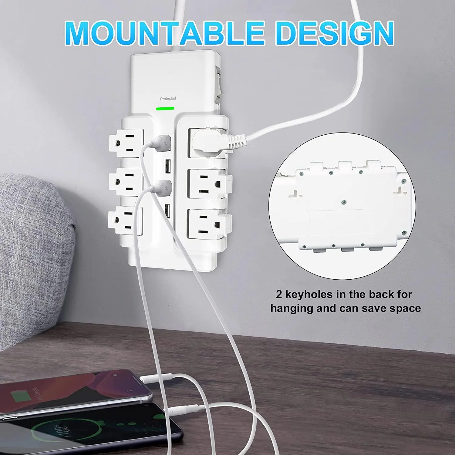 6 Outlets Extender Rotating Power Strip Surge Protector with 4 USB Ports and 6ft Extension Cord Wall Mount for Home Office