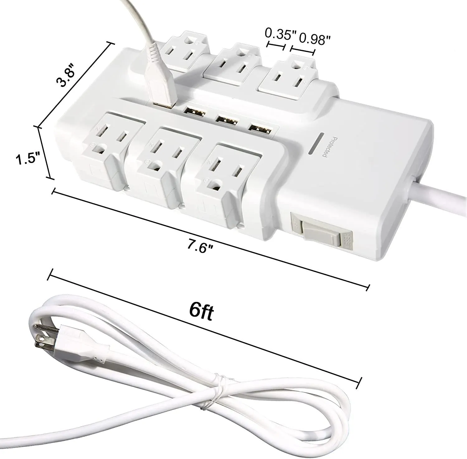 6 Outlets Extender Rotating Power Strip Surge Protector with 4 USB Ports and 6ft Extension Cord Wall Mount for Home Office