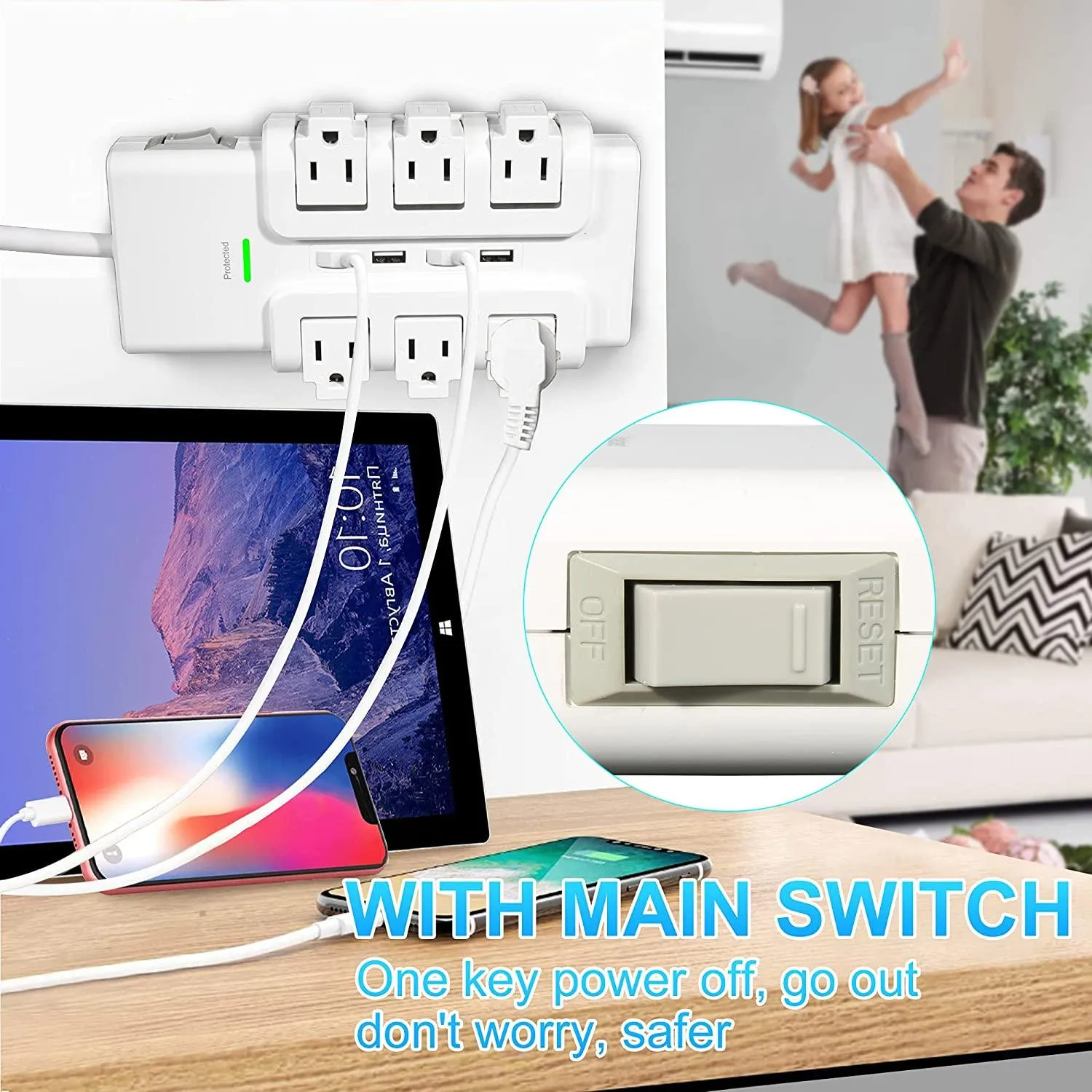 6 Outlets Extender Rotating Power Strip Surge Protector with 4 USB Ports and 6ft Extension Cord Wall Mount for Home Office