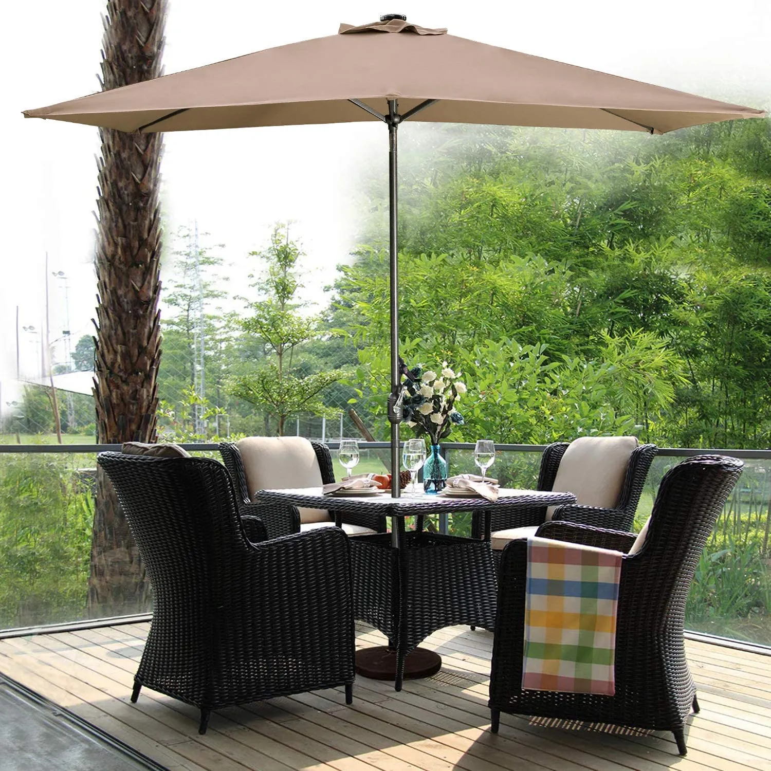 6.5x10ft Rectangular Patio Umbrella 30 LED with Push Button Tilt Crank 6 Ribs