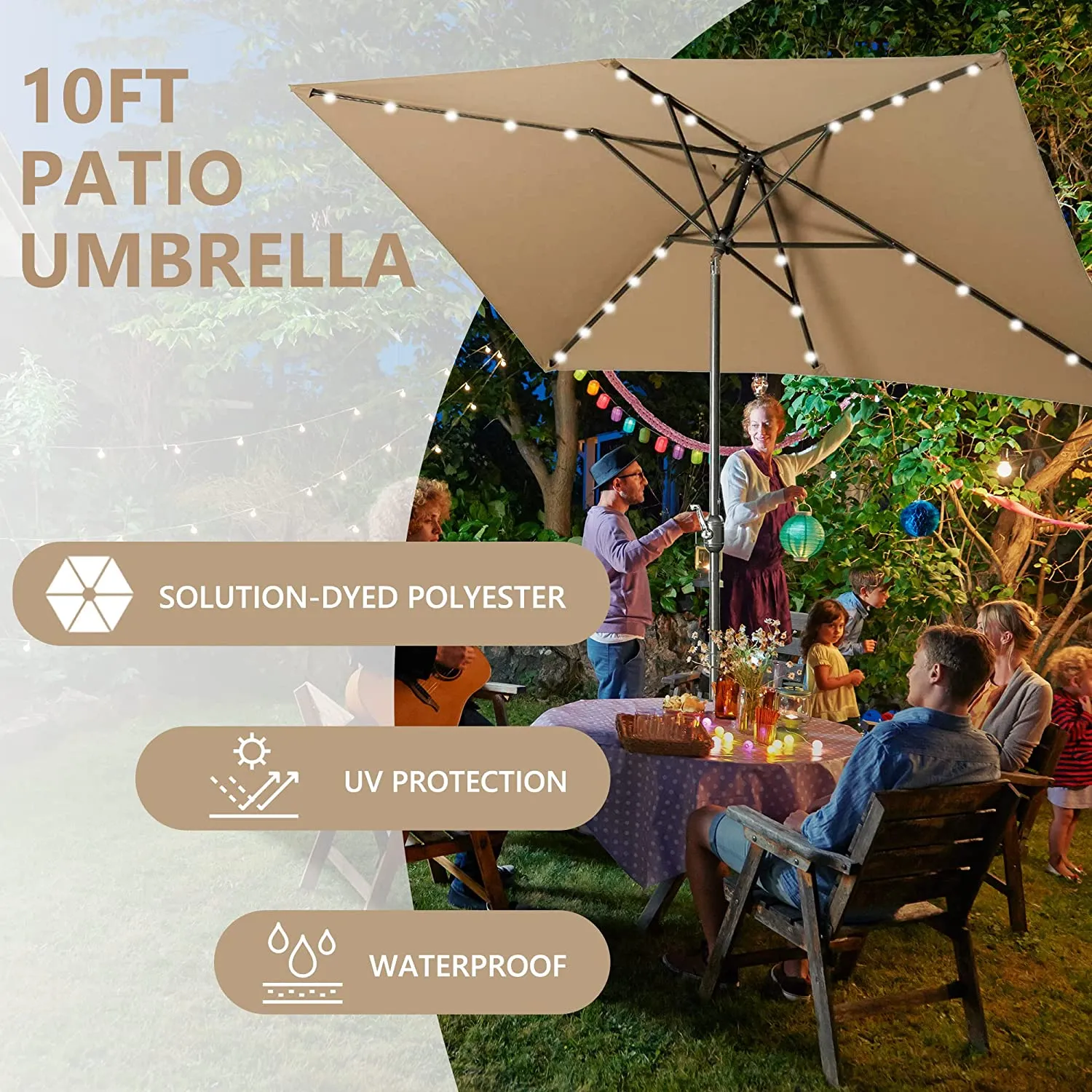 6.5x10ft Rectangular Patio Umbrella 30 LED with Push Button Tilt Crank 6 Ribs