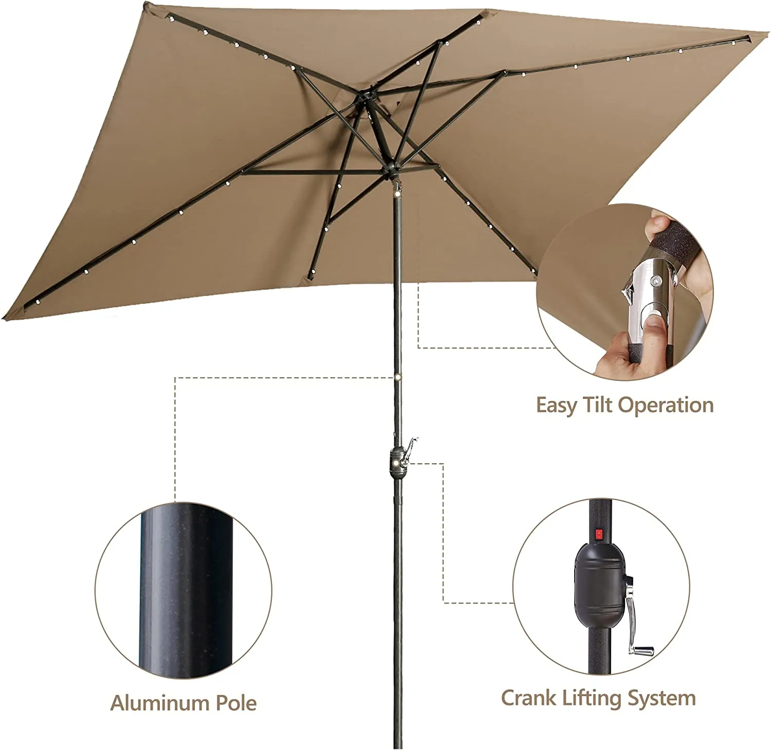 6.5x10ft Rectangular Patio Umbrella 30 LED with Push Button Tilt Crank 6 Ribs