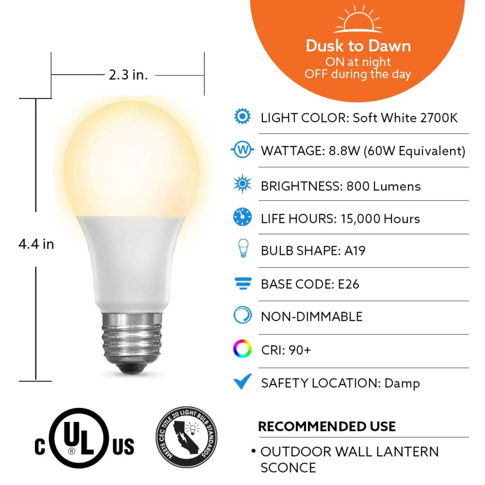 8.8W (60W Replacement) Soft White (2700K) E26 Base A19 Dusk to Dawn LED Bulb