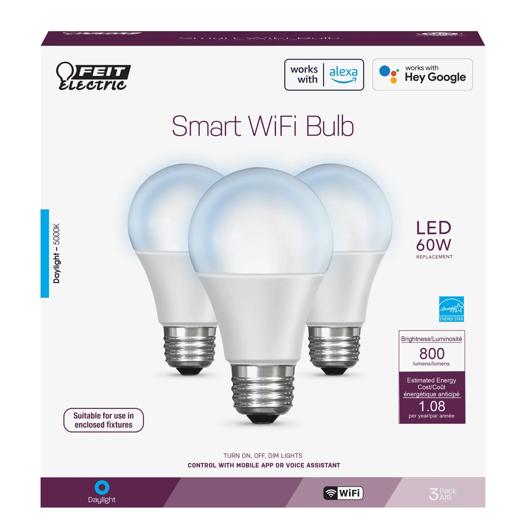 9W (60W Replacement) Daylight (5000K) E26 Base A19 Smart WiFi Bulb (3-Pack)