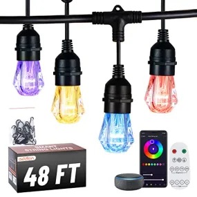 addlon 48FT Smart Outdoor String Lights with 24 Diamond Appearance Bulbs, APP & Remote Control Color Changing, Waterproof Shatterproof Patio Lights Music Sync, Work with Alexa for Patio, Porch
