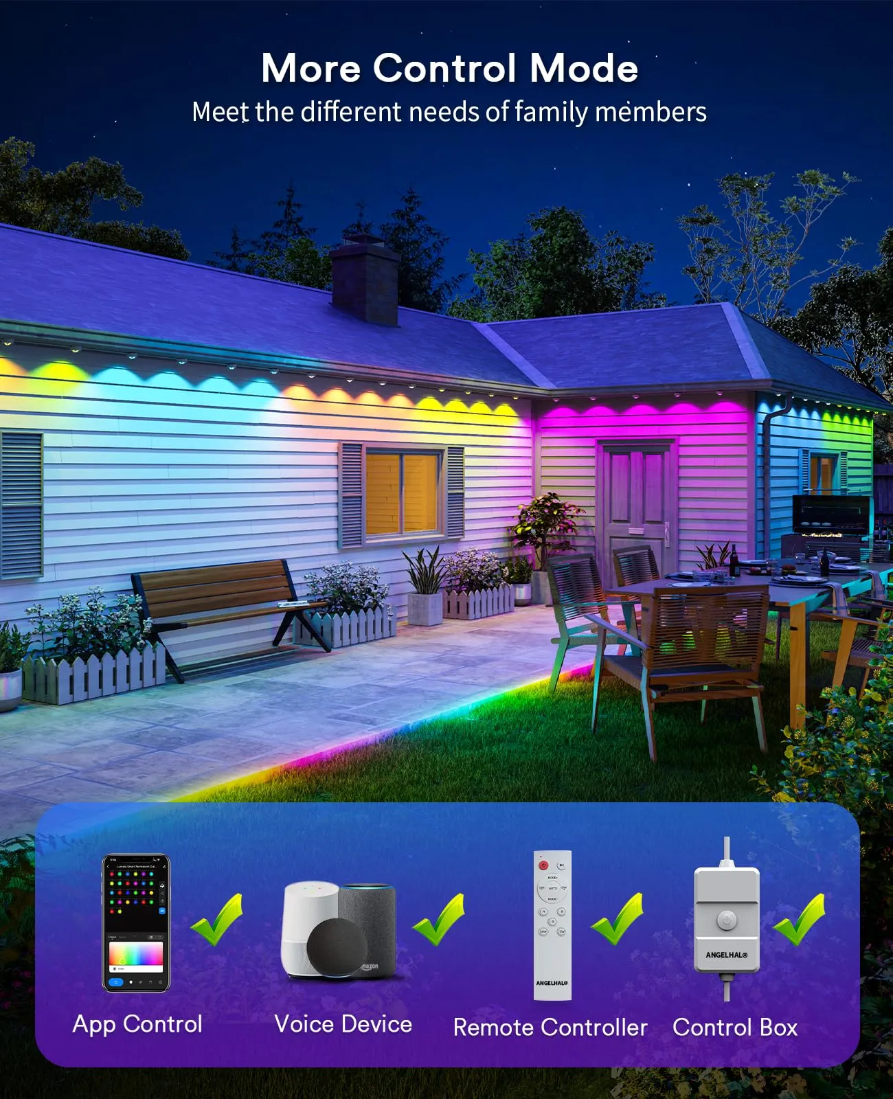 ANGELHALO 150ft Smart RGBAI Outdoor Lights, Works with Alexa