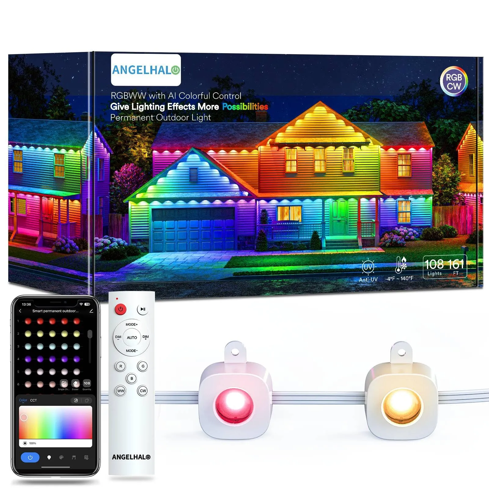 ANGELHALO 150ft Smart RGBAI Outdoor Lights, Works with Alexa