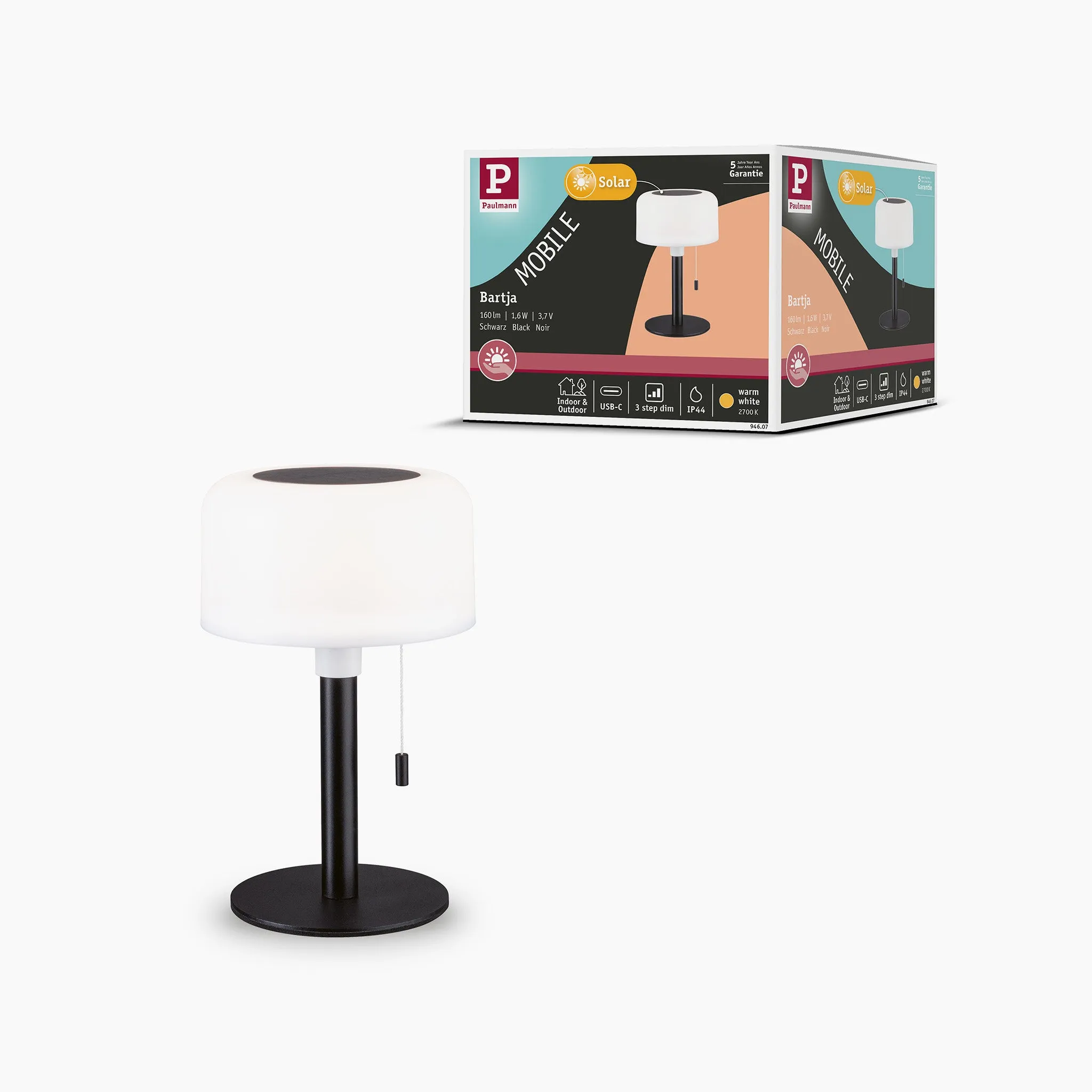 Bartja 1.6W LED Solar Table Lamp with 3-Step Dim in Black