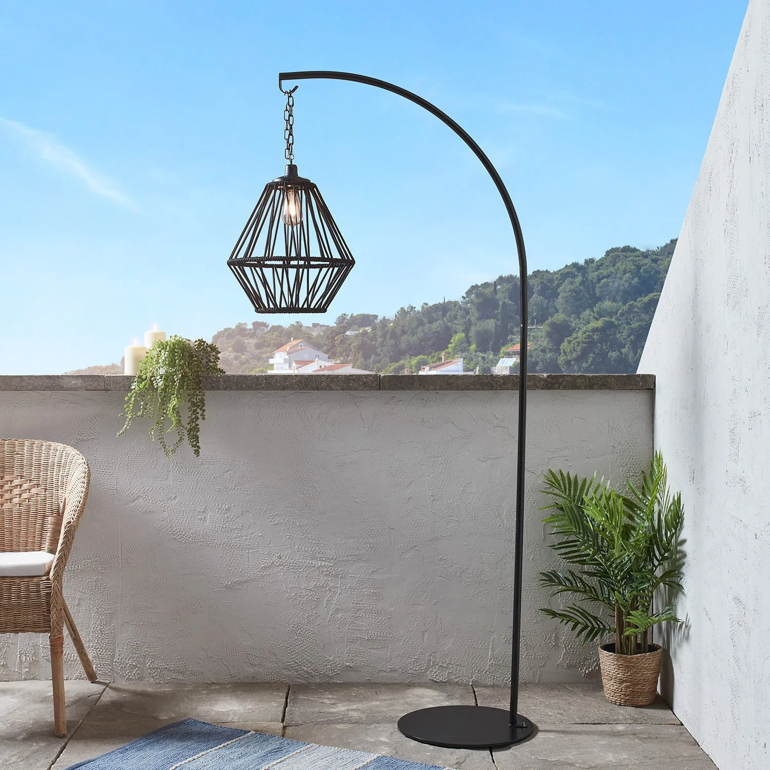 Black Cage Solar Outdoor Pendant Light with Stand