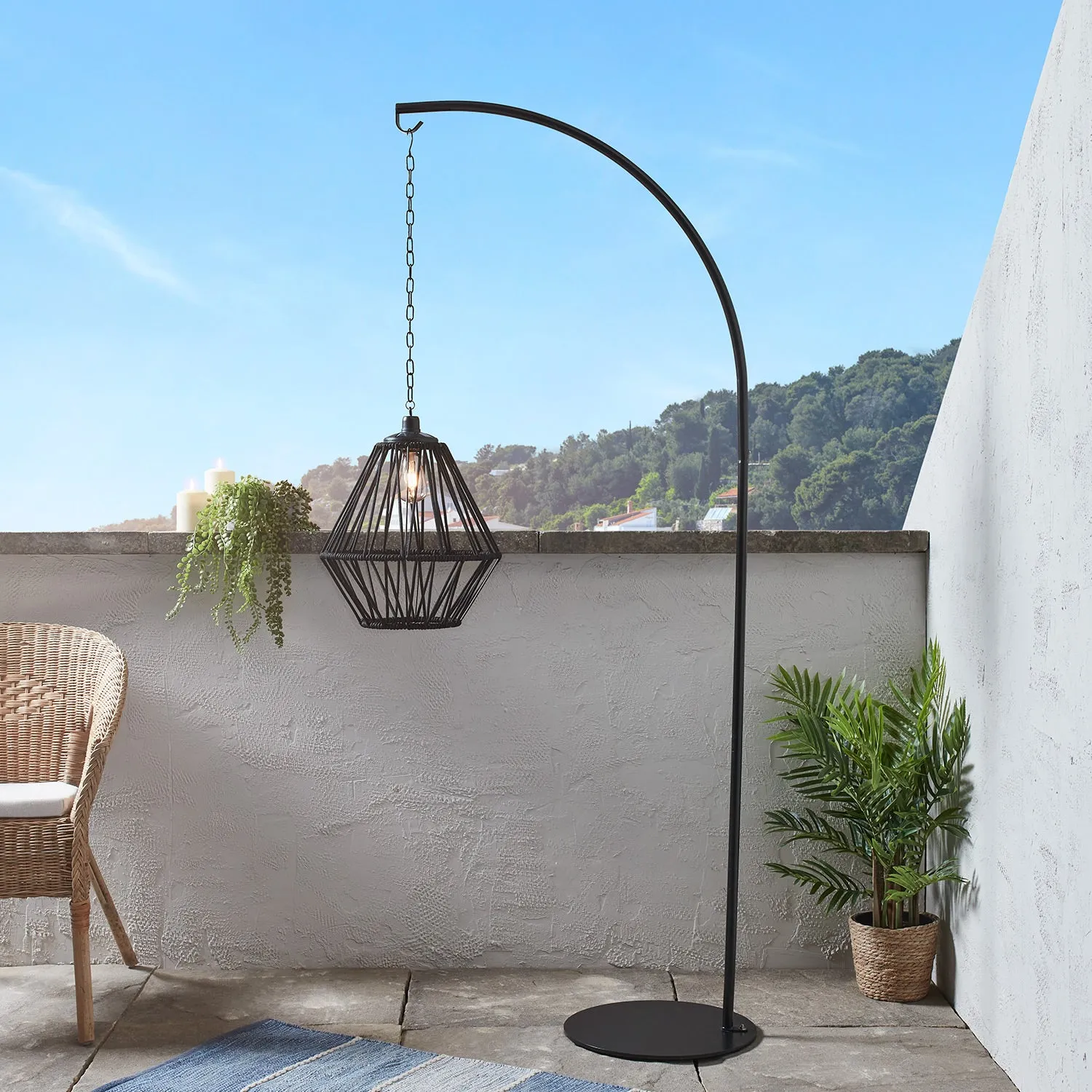 Black Cage Solar Outdoor Pendant Light with Stand