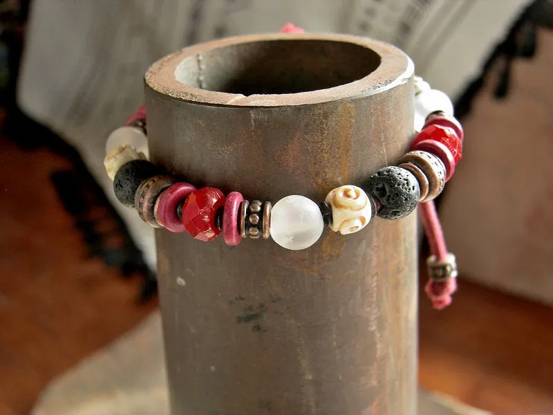 Black, Red & White Adjustable Slider Bracelet, Stone, Bone & Glass