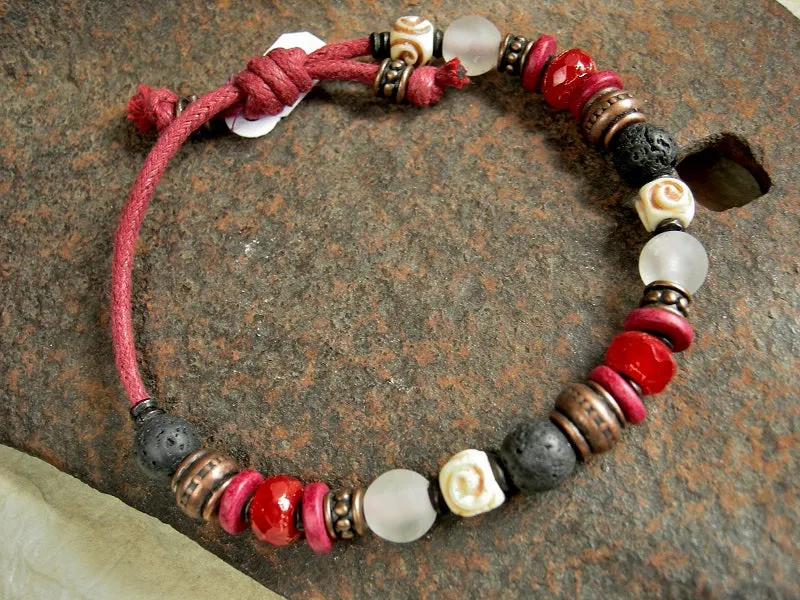 Black, Red & White Adjustable Slider Bracelet, Stone, Bone & Glass