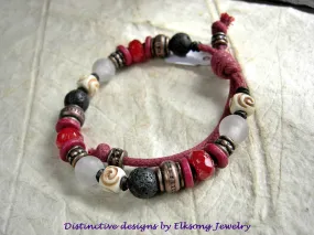 Black, Red & White Adjustable Slider Bracelet, Stone, Bone & Glass