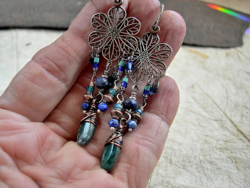 Blue Dahlia Chandelier Earrings, Antiqued Silver, Lapis & Apatite