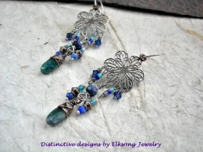 Blue Dahlia Chandelier Earrings, Antiqued Silver, Lapis & Apatite
