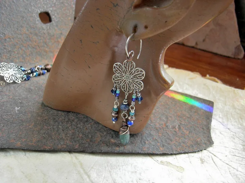 Blue Dahlia Chandelier Earrings, Antiqued Silver, Lapis & Apatite