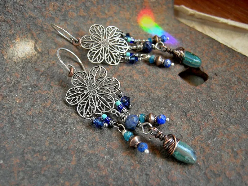 Blue Dahlia Chandelier Earrings, Antiqued Silver, Lapis & Apatite