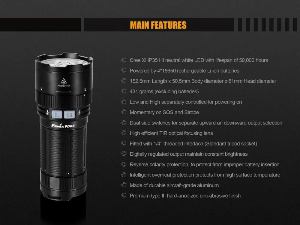 Brand New Fenix FD65 FOCUS 3800 Lumens CREE LED Searchlight/Flashlight