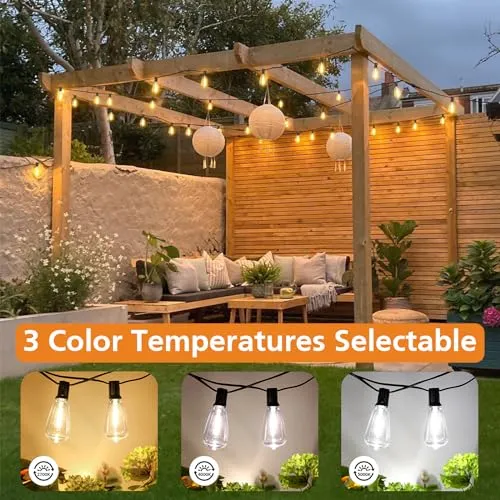 Brightever Dimmable Outdoor String Lights with Remote,3 Colors in 1 LED Patio Lights for Outside with 25 1 ST38 Edison Bulbs, 50FT 3 Modes Gazebo Lights Waterproof for Camping Deck, 2700K/4000K/5000K