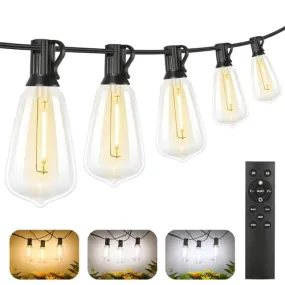 Brightever Dimmable Outdoor String Lights with Remote,3 Colors in 1 LED Patio Lights for Outside with 25 1 ST38 Edison Bulbs, 50FT 3 Modes Gazebo Lights Waterproof for Camping Deck, 2700K/4000K/5000K